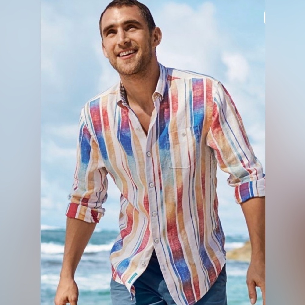 Tommy Bahama Relax Sunset Striped Breeze 100% Linen Shirt Casual Resort Size 3XL